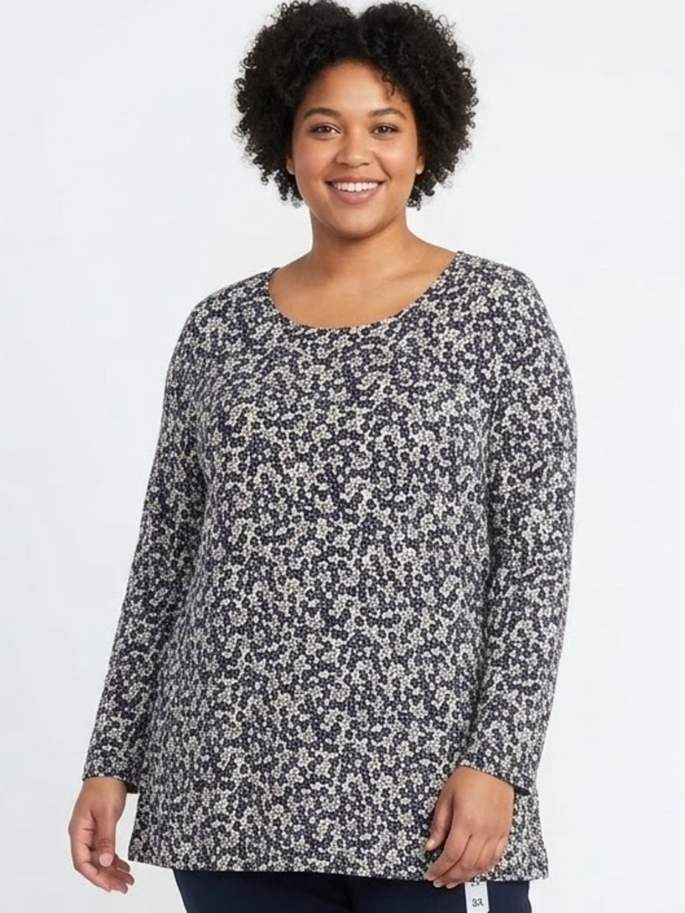 J. Jill Black and White Ditzy Floral-Print Long Sleeve Tunic Top Black White 3X